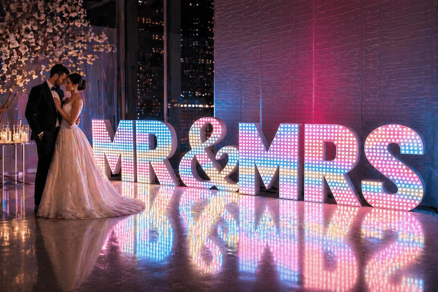 LED marquee letters with colorful lighting at a reception